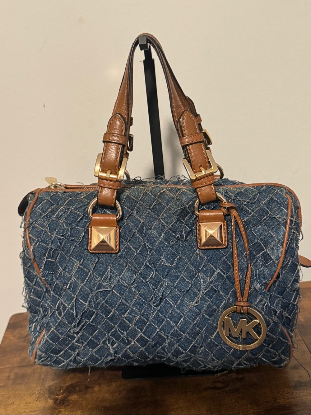 Michael Kors Blue Denim Satchel with Brown Leather Trim and Gold Hardware
